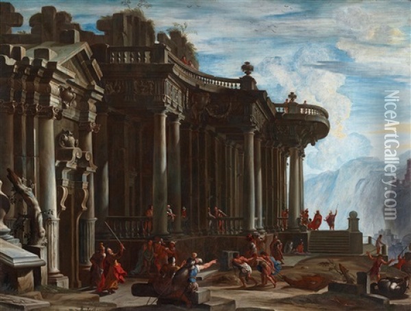 An Architectural Capriccio With The Death Of Livestock - Fifth Plague Of Egypt; And An Architectural Capriccio With Joseph And His Brothers In Front Of The Pharaoh Oil Painting - Domenico Roberti