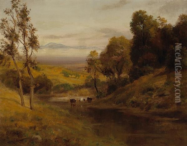 Cattle Watering Among Sunlit Hills Oil Painting - William Keith