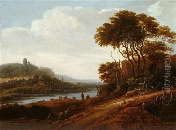 Flusslandschaft Mit Hochgelegener Burg Und Ziegenhirten Oil Painting - Adrien Bloemaert