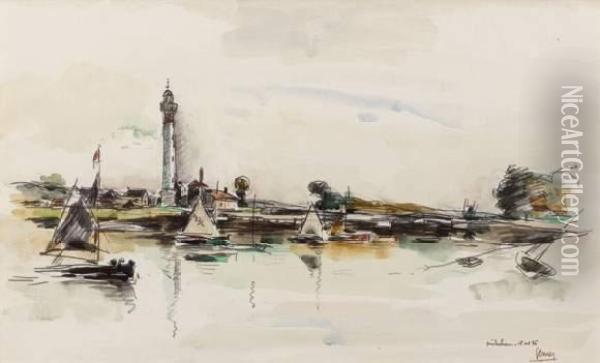 Ouistreham, 18 Octobre 1936, Bateaux A Voiles Oil Painting - Paul-Elie Gernez