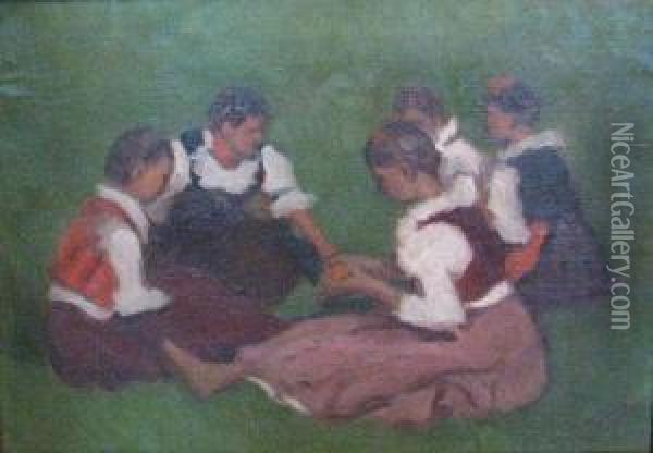 Lanyok A Szabadban Oil Painting - Erno Tibor