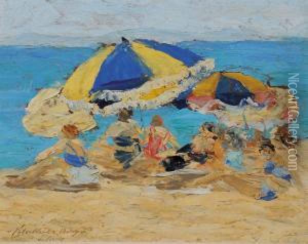 Spiaggia Di Sanremo Oil Painting - Vittorio Petrella Da Bologna