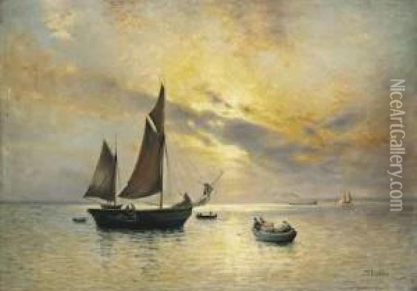 Fischerboote Im Abendlicht. Oil Painting - Hermann Eschke
