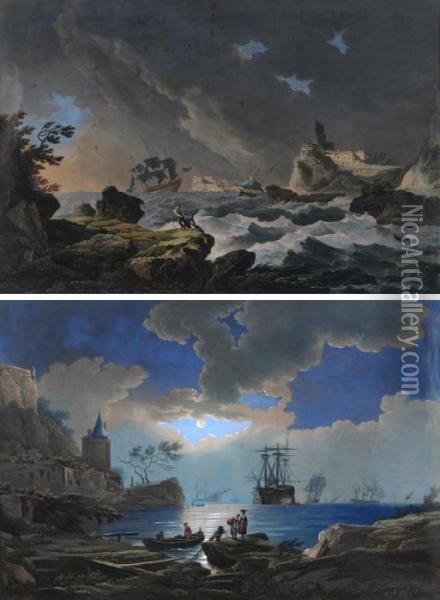 Notturno Con Barche Di Pescatori, Il Naufragio Oil Painting - Benedikt Piringer