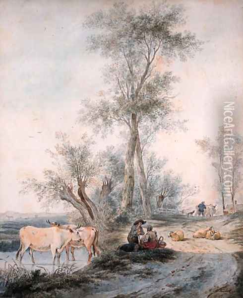 Herdsmen watering their cattle by a wooded road Oil Painting - Lievine Teerlink