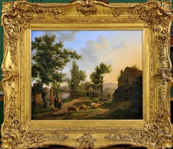 Goats And Sheep By A Country Homestead Oil Painting - Pierre Jean Hellemans