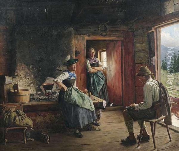 Zither Player In An Alpcottage. Oil Painting - Emil Rau