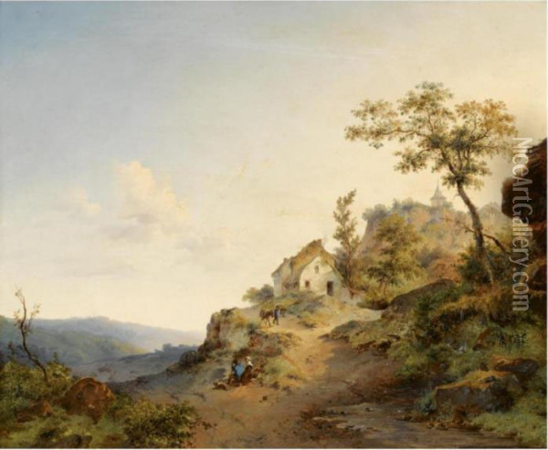 Travellers In A Mountainous Landscape Oil Painting - Frederik Marianus Kruseman