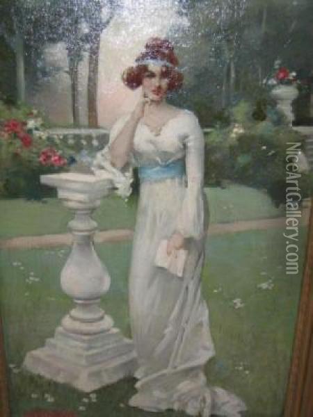 Elegant Lady In White Gown Leaning Against A Sun Dial Oil Painting - Thomas Henry Hair