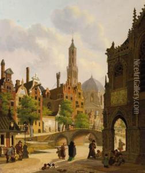 Figures By A Church In A Town, A Canal Beyond Oil Painting - Jan Hendrik Verheijen