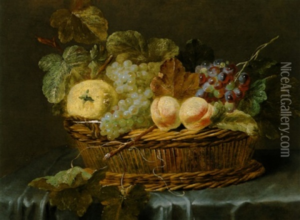 Ein Korb Mit Pfirsichen Und Weintrauben Auf Einem Tisch Oil Painting - Jan Fyt