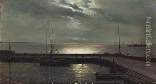 Evening View From A Harbour Oil Painting - Christian Blache
