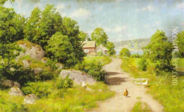 Sommarlandskap Med Landsvag Oil Painting - Johan Fredrik Krouthen