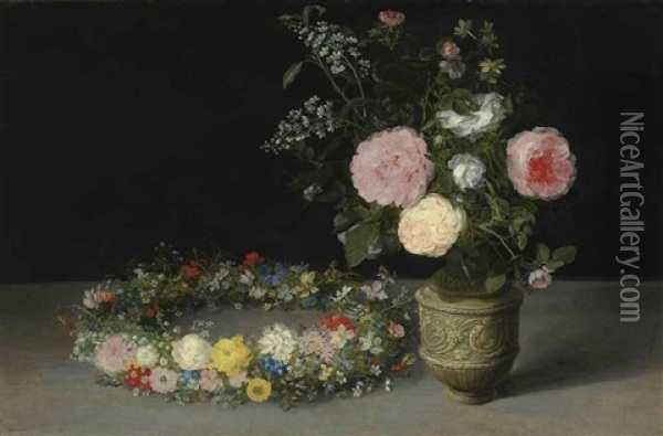 A Still Life Of An Ornamented Stoneware Jug Holding A Bouquet Of Roses And Lilacs, With A Wreath Of Many Smaller Flowers, Including Roses, Carnations, Cyclamen, Narcissi, Forget-me-nots And Love-in-a-mist, Lying On A Table Oil Painting - Jan Brueghel the Elder
