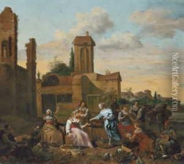 Marktszene Vor Romischen Ruinen. Oil Painting - Hendrick Mommers