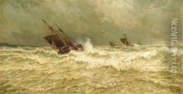 Stormy Seas At Dusk (+ Sailing At Dawn; Pair) Oil Painting - George Gregory