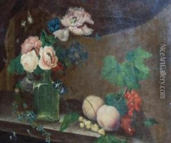 Still Life With Flowers And Fruit On A Ledge Oil Painting - William Quaker Pegg