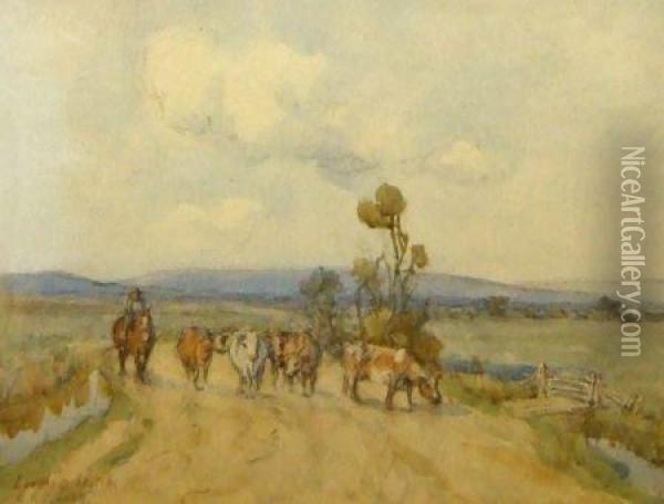 Cattle On A Country Track Oil Painting - Cecil Ross Burnett