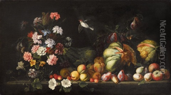 Blumen In Einer Vase Mit Fruchten Auf Einer Steinplatte Mit Einem Vogel;  Blumen Und Fruchte Auf Einer Steinplatte (pair) Oil Painting - Pietro Paolo Cennini