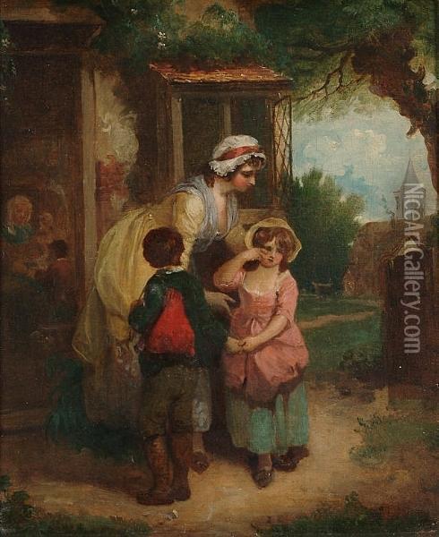 'the School Door'(tenderness Persuading Reluctance) With A Companion, 'the Cottage Door' Oil Painting - Francis Wheatley