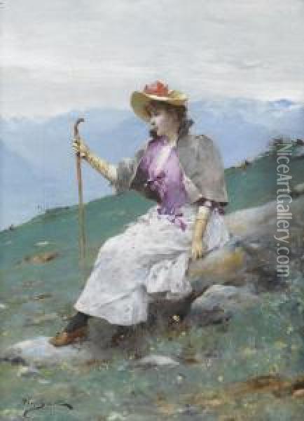 Bergwiese Mit Rastender Wandersfrau Oil Painting - Auguste Emile Pinchart