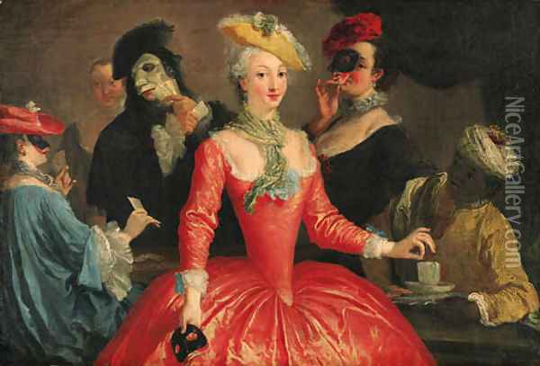 Elegant company in masque costume taking coffee and playing cards Oil Painting - Pietro Longhi
