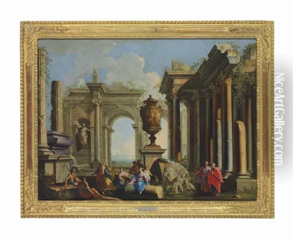 An Architectural Capriccio With An Apostle Preaching Among Ruins Oil Painting - Alberto Carlieri