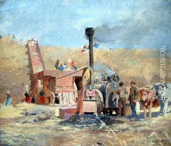 Labourers Working A Threshing Machine Oil Painting - Ferdinand Joseph Gueldry