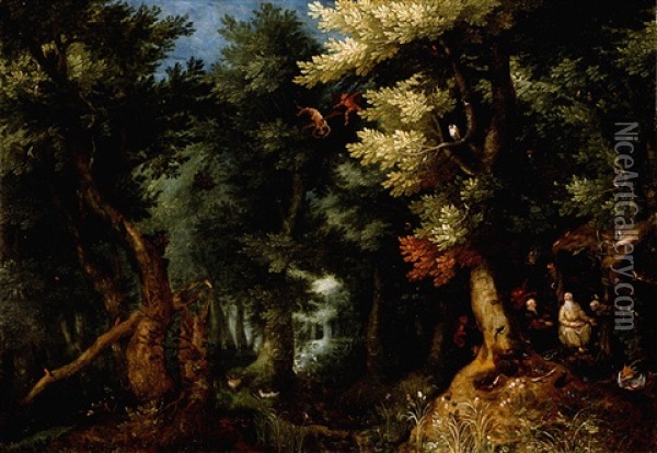 Wooded Landscape With Saints Anthony And Paul The Hermit Assailed By Demons Oil Painting - Gillis Van Coninxloo III