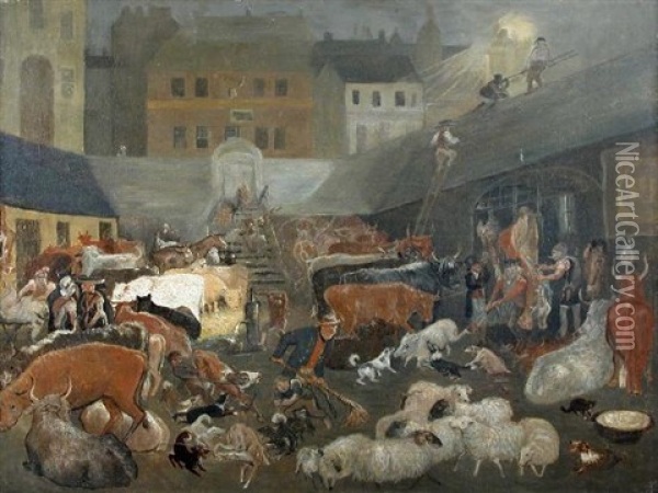 The Old Edinburgh Market At Night Oil Painting - James (of Skirling) Howe