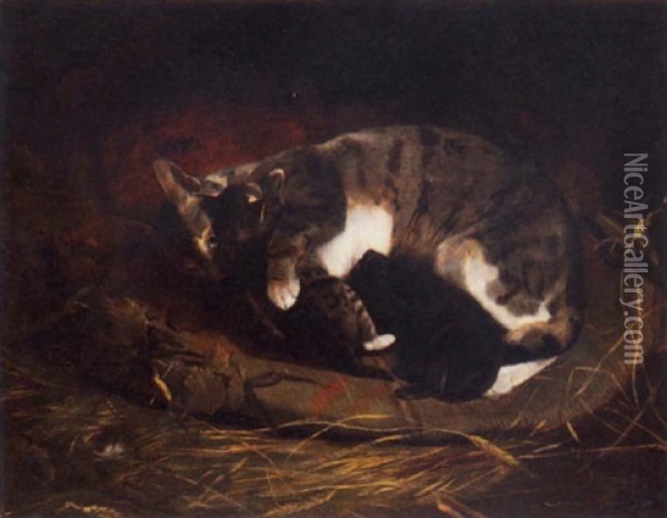 Cat And Kittens Oil Painting - Friedrich Wilhelm Keyl