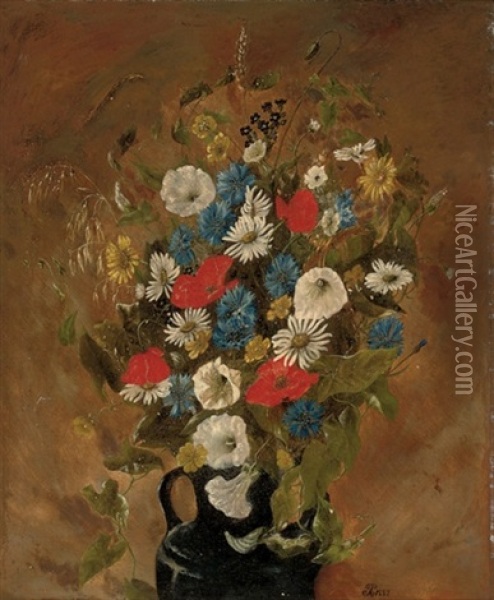 Poppies, Cornflowers, Daisies, Buttercups And Other Summer Blooms And Grasses In A Jug Oil Painting - Anthonie Eleonore (Anthonore) Christensen