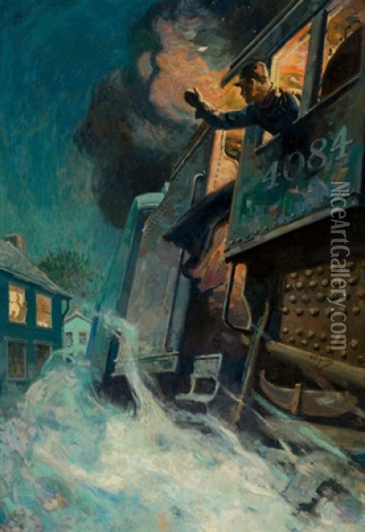 Locomotive At Night Oil Painting - Herbert Morton Stoops