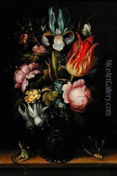 Flower-piece with a Roemer, c.1615 Oil Painting - Roelandt Jacobsz Savery
