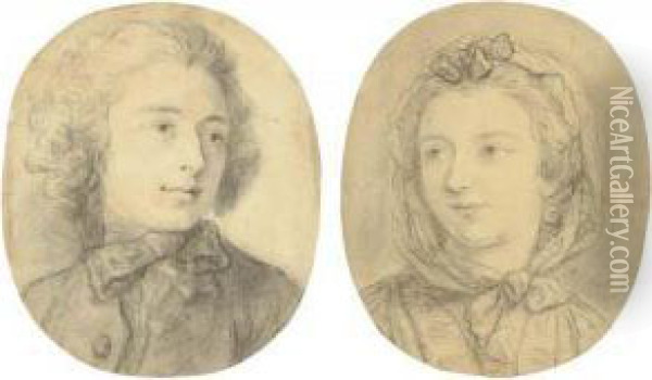 Portrait Of A Man, Bust-length, 
Looking To The Right; And Portraitof A Woman, Bust-length, Looking To 
The Left Oil Painting - Charles-Antoine Coypel