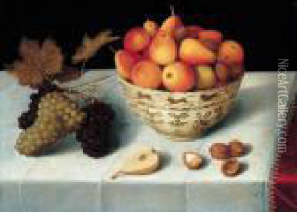 A Still Life Of Apples, Pears 
And Walnuts In A Porcelain Bowl Together With A Bunch Of Grapes, Walnuts
 And Half A Pear Resting On A Table Oil Painting - Peter Paul Binoit