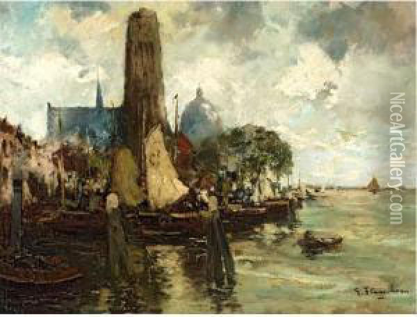 Vue D'un Port. Oil Painting - Gustave Flasschoen