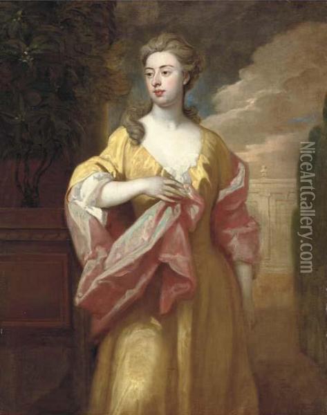 Portrait Of A Lady, 
Three-quarter-length, In A Yellow Dress With Apink Shawl, In A Formal 
Garden By An Orange Tree Oil Painting - Sir Godfrey Kneller