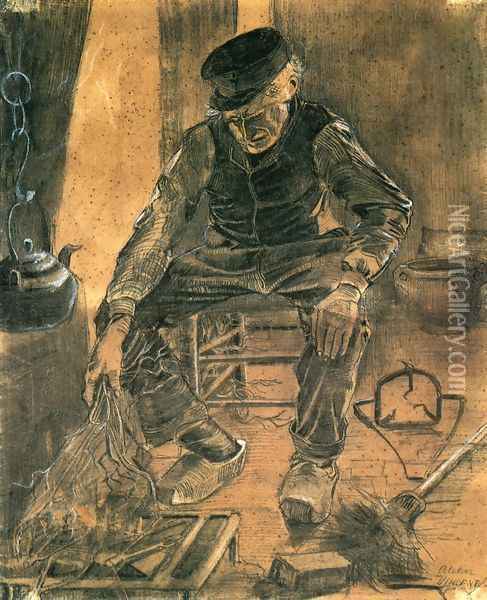 An Old Man Putting Dry Rice on the Hearth Oil Painting - Vincent Van Gogh