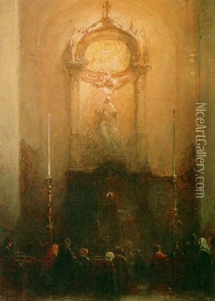 Voor Het Altaar (interior Of The Great Or German Synagogue, The Hague?) Oil Painting - Johannes Bosboom