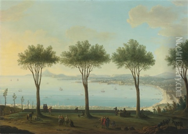 View Of The Bay Of Naples From The South (possibly Poggioreale), Looking North With A King Of The Bourbon Family, Possibly Ferdinand Iv, In The Foreground Oil Painting - Antonio Joli