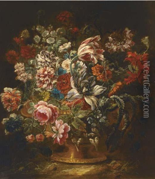Roses, Carnations, A Parrot Tulip And Other Mixed Flowers In Avase Oil Painting - Jean-Baptiste Morel