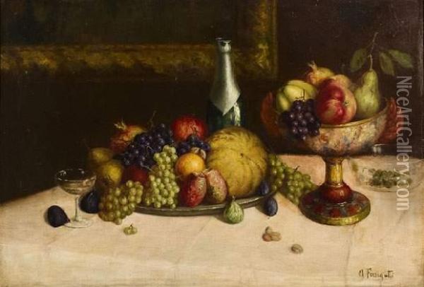 Nature Morte Aux Fruits Et Bouteille De Vin. Oil Painting - Adolfo A. Ferraguti Visconti