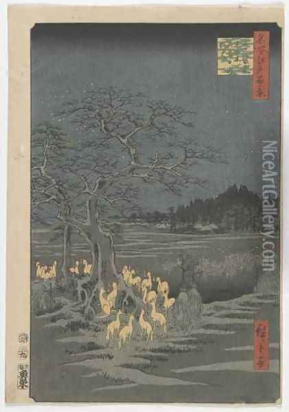 New Years Eve Foxfires at the Changing Tree Edo Oil Painting - Utagawa or Ando Hiroshige