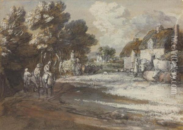 Travellers Passing Through A Village Oil Painting - Thomas Gainsborough