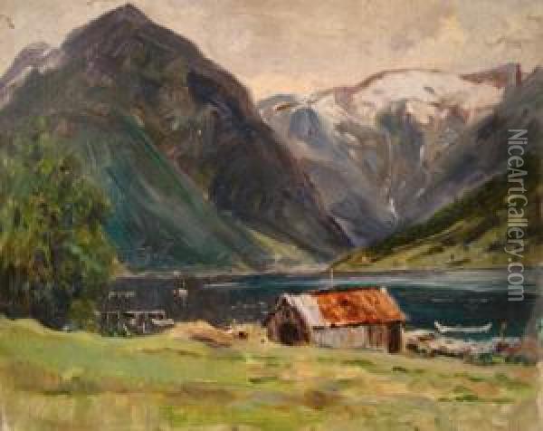 ' Norway ' View Of A Building Before A Fjord Oil Painting - Frederick R. Fitzgerald