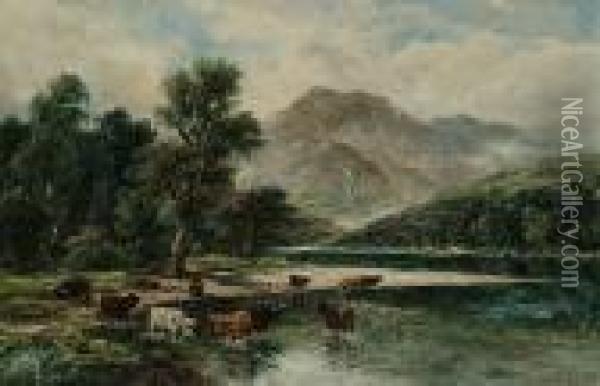 Highland Cattle Watering In An Extensive Landscape Oil Painting - William Langley