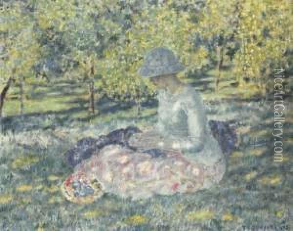 Woman Seated In A Park With Basket Oil Painting - Frederick Carl Frieseke