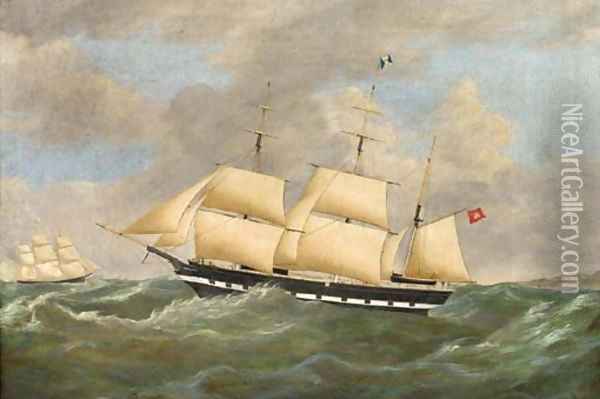 The Hamburg barque Nurn America under reduced sail and running down the coast Oil Painting - Richard B. Spencer
