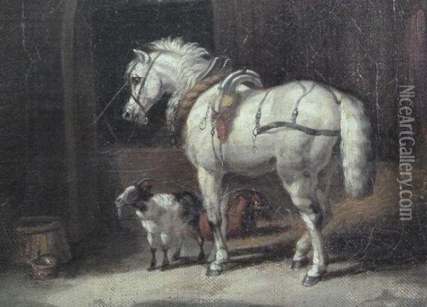 Horse And Goat In An Interior Oil Painting - Edmund Bristow
